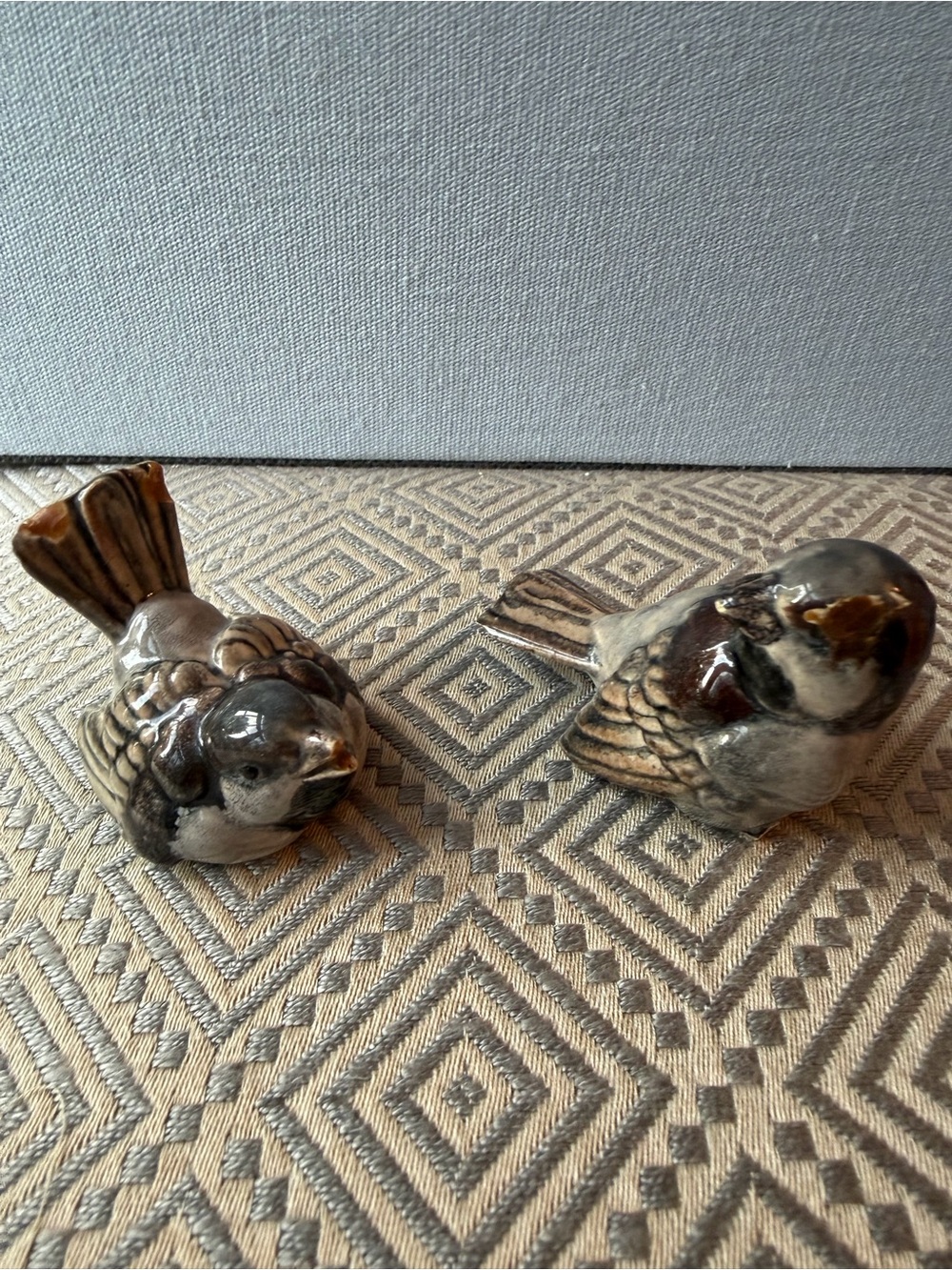 Vintage Ceramic Birds Austria Brown Glazed Sparrow Figurines - Set of 2